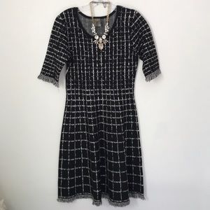 Nordstrom Taylor Black White Fringe Sleeve Fit n Flare Dress Size Small NWOT